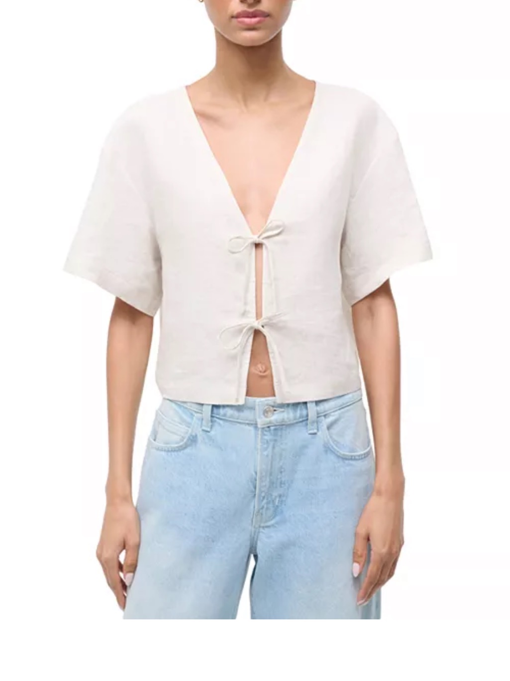 Staud Ivory Tie-Front V-Neck Cropped Blouse